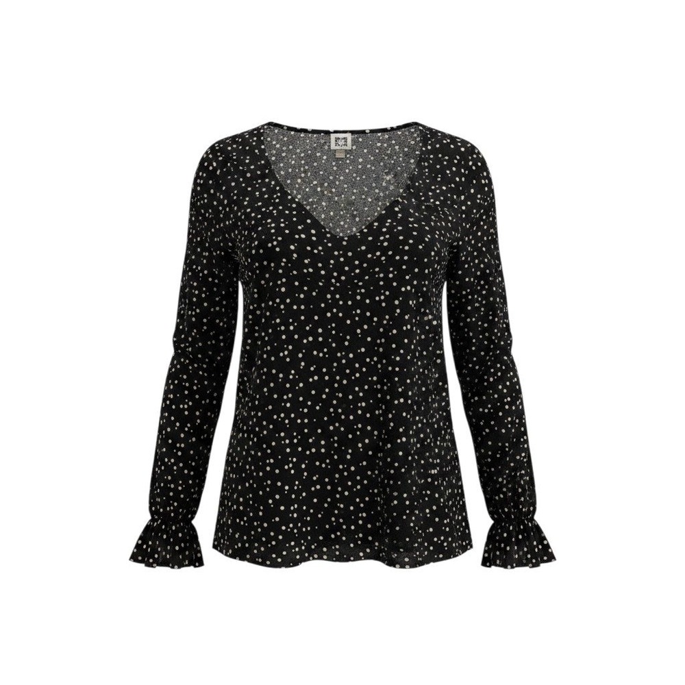 Anne Klein Blouse L Black White Polka Dot V-Neck Ruffle Cuff Long Sleeve Top - Picture 1 of 7
